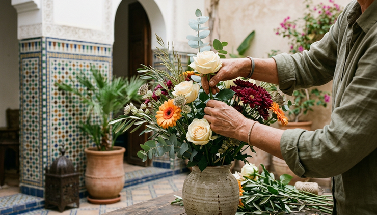Eye-level view of a florist arranging eucalyptus and roses in a ceramic vase