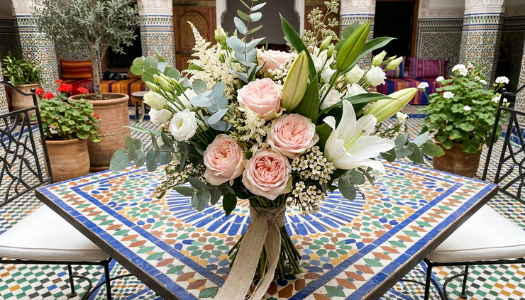 Top-down view of a finished bouquet on a tiled Moroccan table