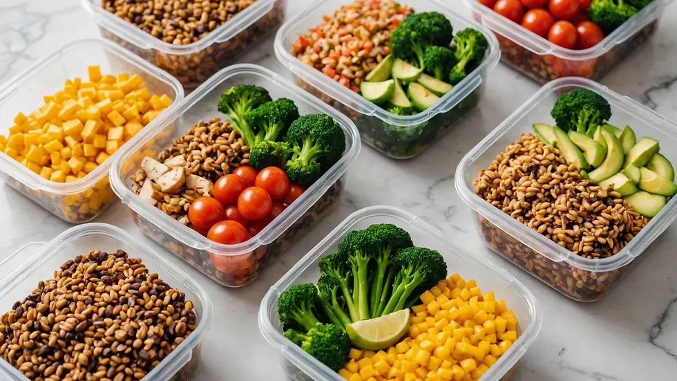Eye-level view of organized meal prep containers filled with ingredients