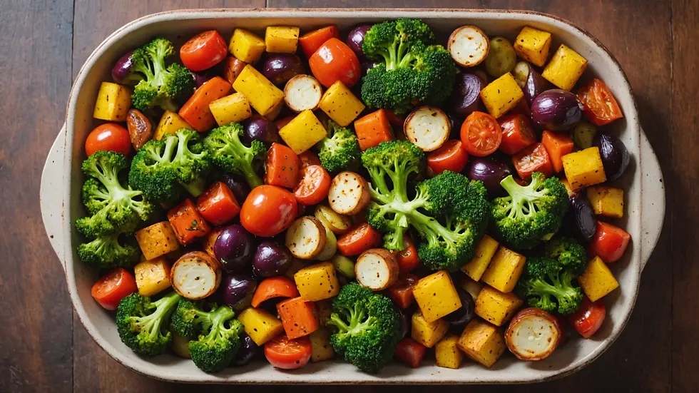 High angle view of a colorful roasted vegetable platter