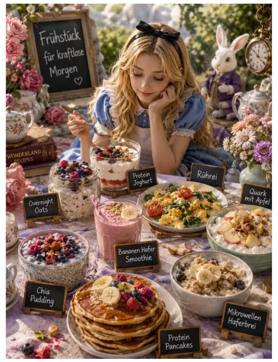 Titelbild der Seite „Frühstücks Rezepte für Menschen mit ME/CFS“ mit einer Alice-im-Wunderland-Illustration.