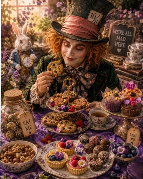 Titelbild der Seite „Snacks für Menschen mit ME/CFS“ mit einer Alice-im-Wunderland-Illustration.