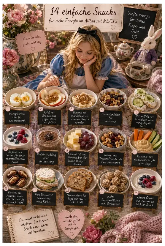Titelbild der Seite „Snacks bei ME/CFS“ mit einer Alice-im-Wunderland-Illustration.