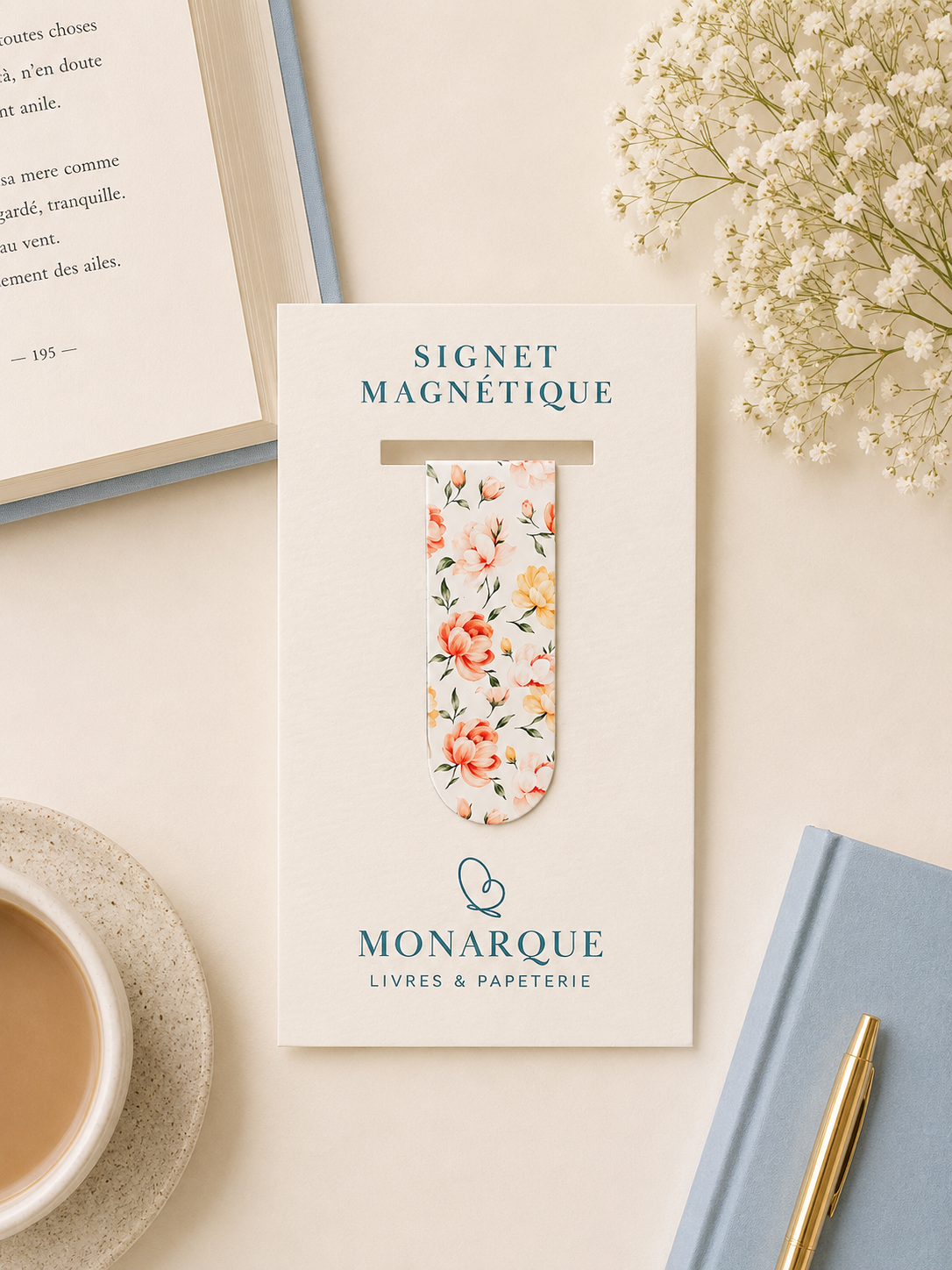 Signet magnétique Fleurs corail | Magnetic Bookmark – Coral Flowers