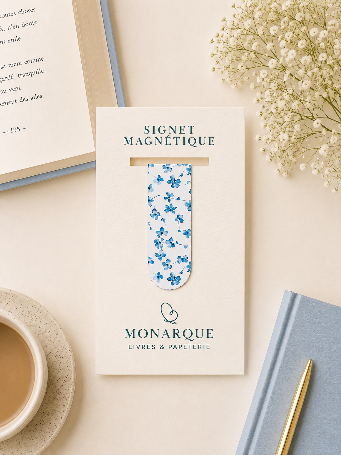 Signet magnétique Fleurs bleues | Magnetic Bookmark – Blue Flowers