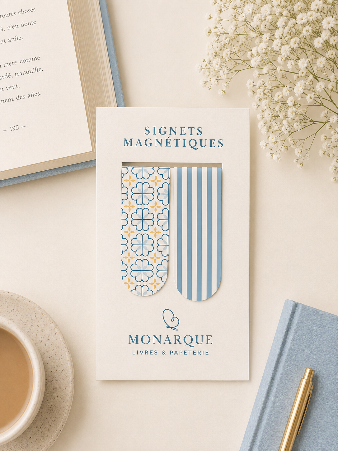 Ensemble de 2 signets magnétiques Azulejos & Rayures bleues | Magnetic Bookmarks