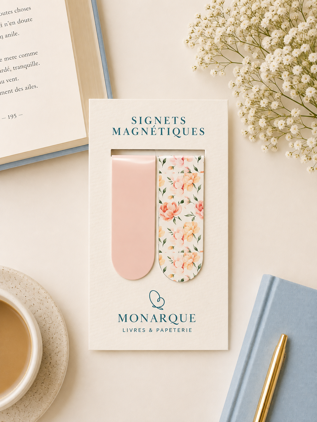 Ensemble de 2 signets magnétiques Rose fleurs corail | Magnetic Bookmarks