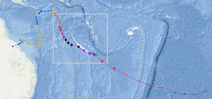 Trajectoire du cyclone tropicale très Intense ERICA. Météo-France