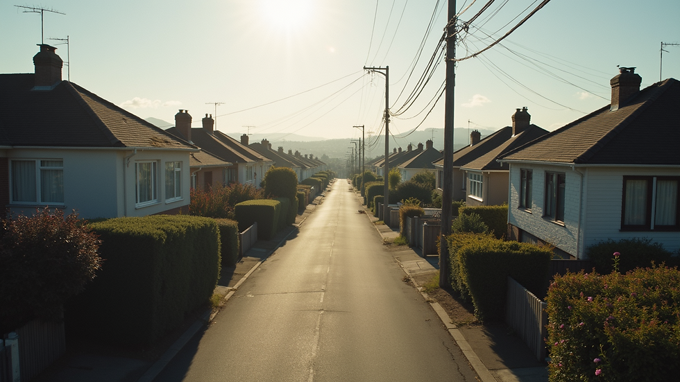 High angle view of a suburban street with multiple residential properties