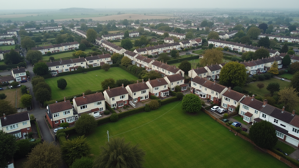 High angle view of a suburban neighbourhood with multiple houses and green spaces