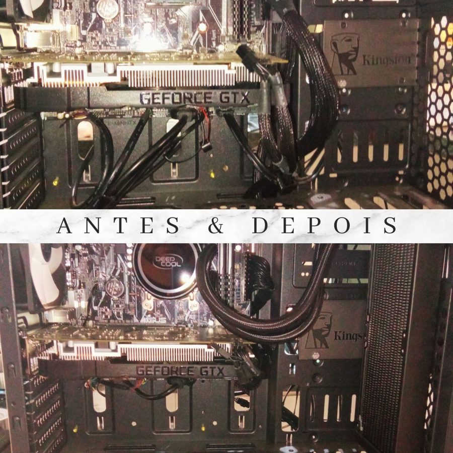 Comparação antes e depois da organização dos cabos de um computador