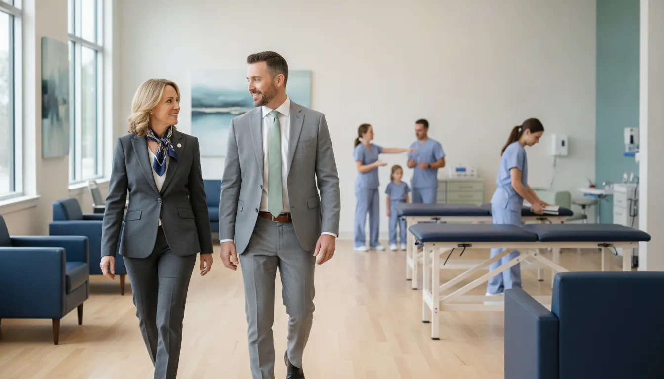 Healthcare practice owner walking through a transferable multi-provider clinic with an advisor