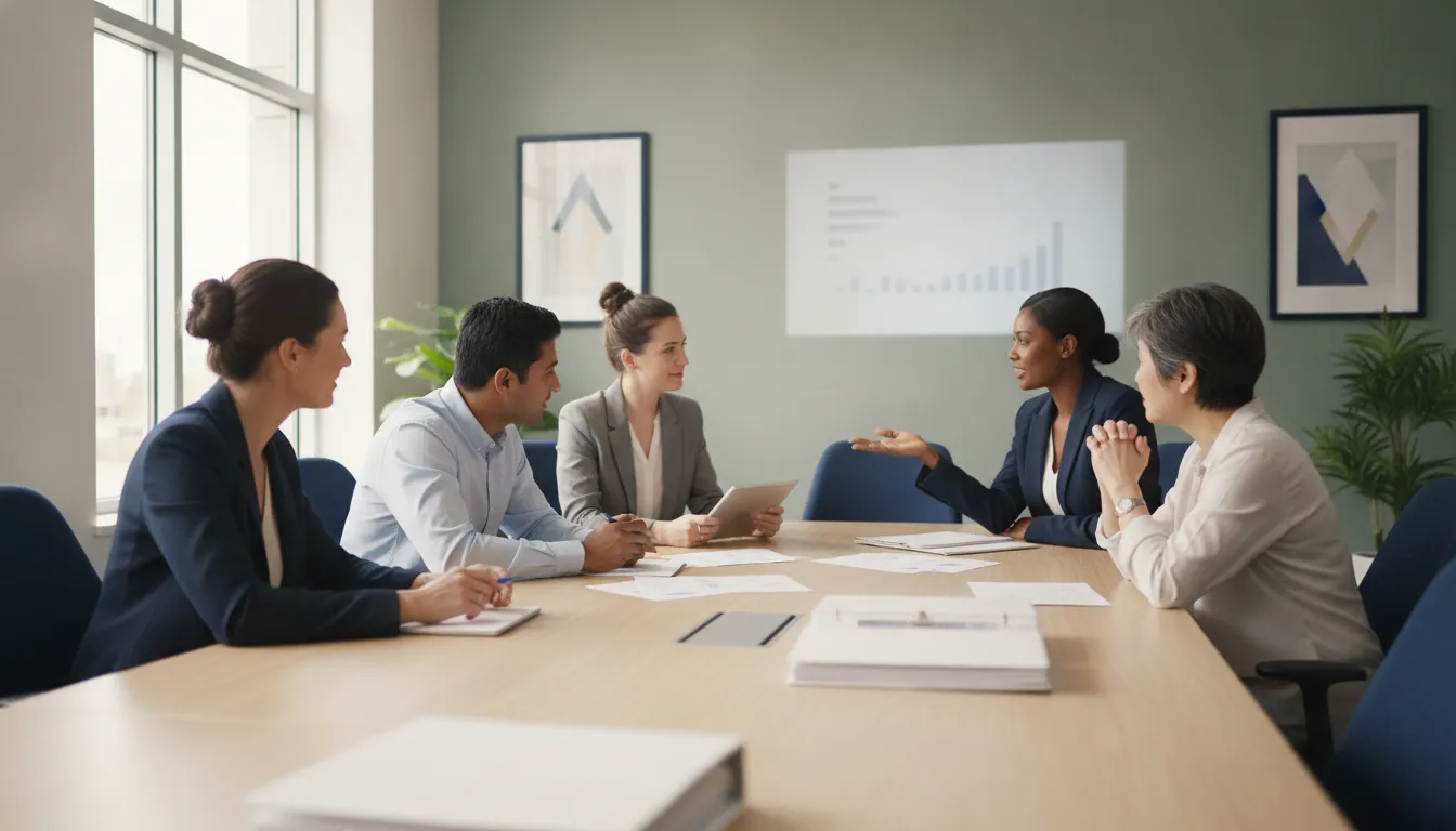 Healthcare practice leadership team reviewing valuation factors with an advisor