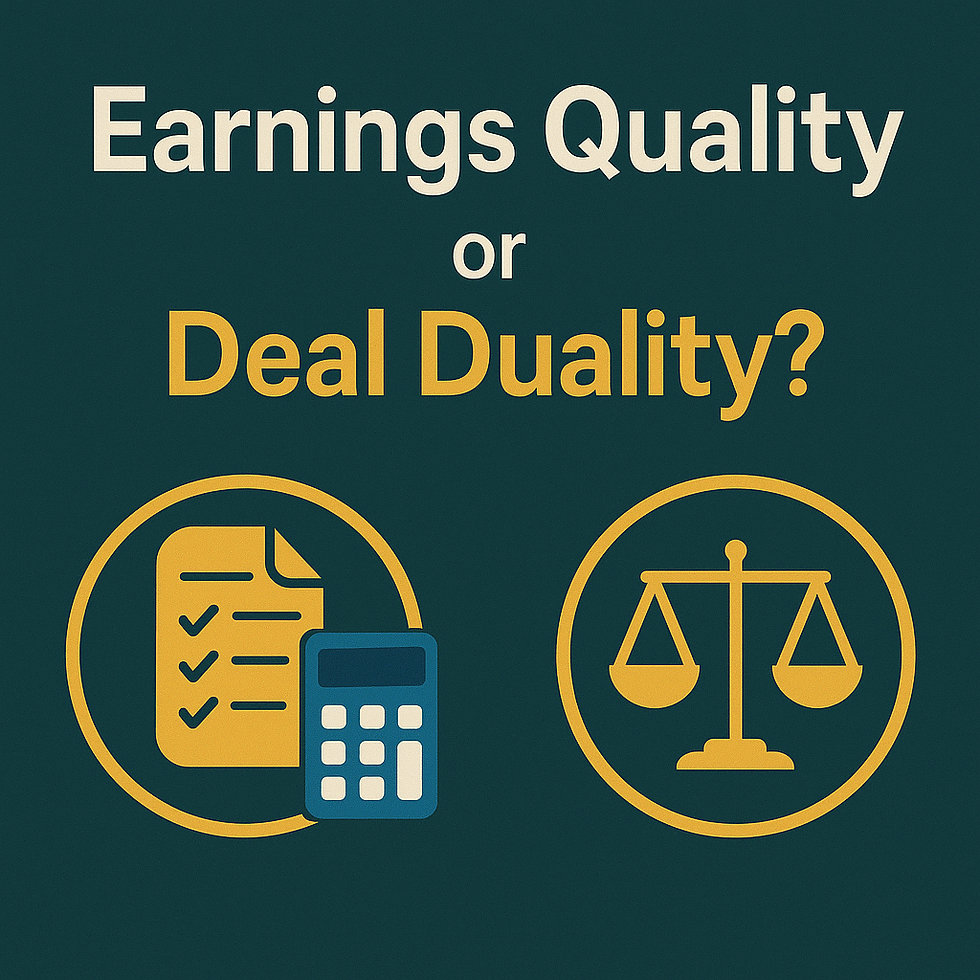Text "Earnings Quality or Deal Duality?" with icons of a checklist, calculator, and scales. Dark teal background, yellow and blue accents.