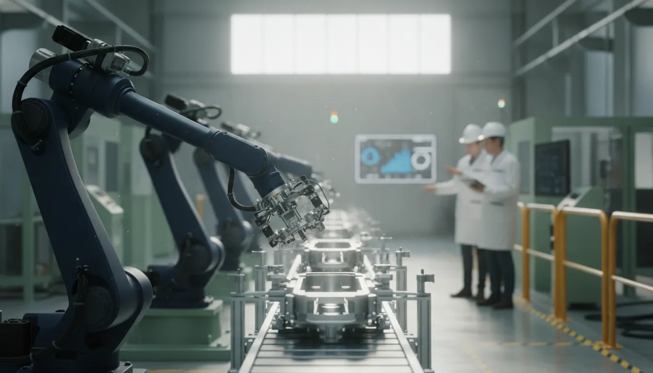 Modern robotized assembly line inside an automated manufacturing facility