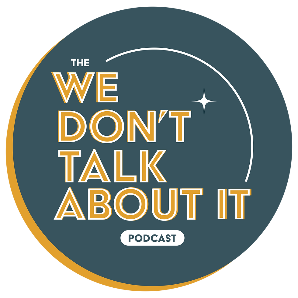 A dark cyan and yellow logo with the words "The 'We don't talk about it' podcast."