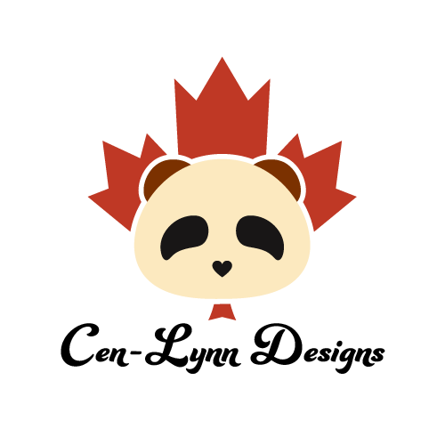 A panda in front of a maple leaf, with the words "Cen-Lynn Designs" below it.