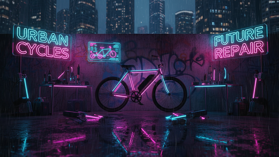 Wide angle view of a bike leaning against a wall with repair tools nearby