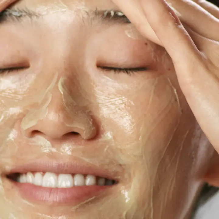 Asiatisk kvinne med ansiktsmaske i fjeset. Viser konsistens av Dermalogica sin peeling maske.