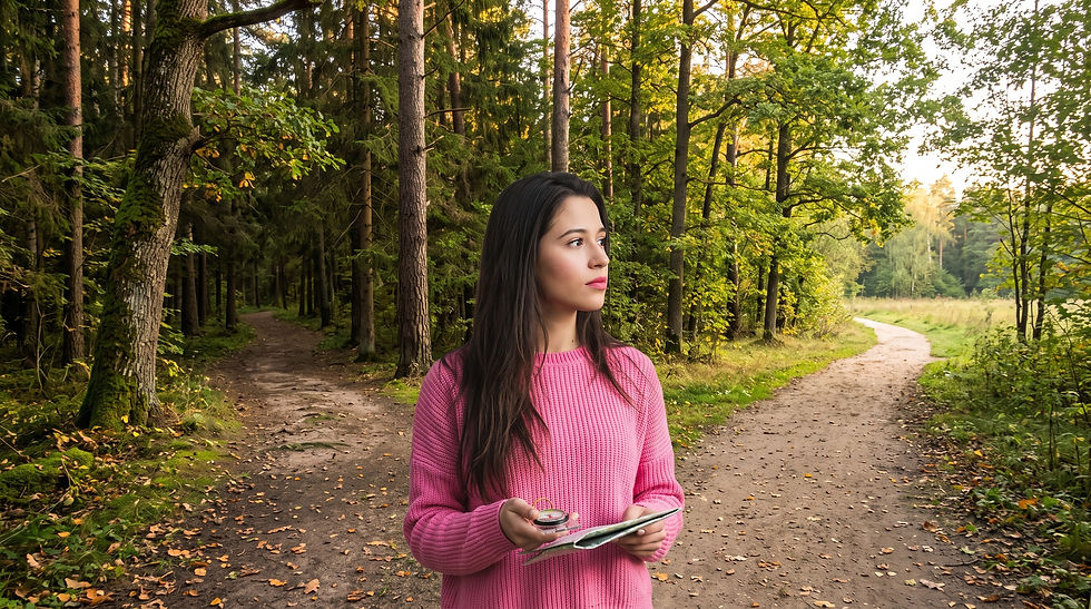Woman standing at a fork in a path, choosing one direction.