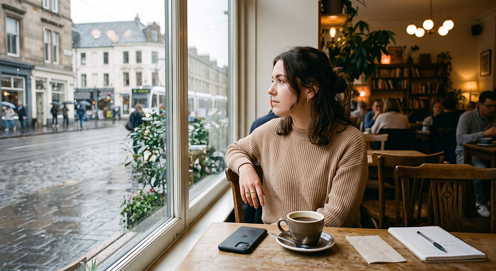 Woman at a cafe table with her phone face down beside her coffee, looking out the window.