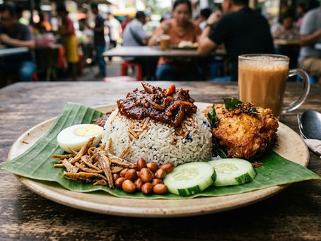 Sepinggan nasi lemak dengan ikan bilis, kacang, telur, timun dan sambal