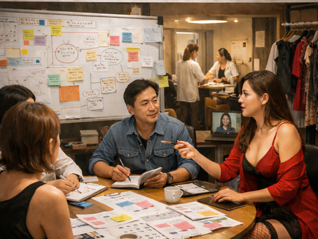 畫面呈現一場室內的跨域協作討論現場,多位來自不同背景的參與者圍坐於桌旁,桌面散落著設計草稿、便條紙與流程圖,牆面上則張貼著密集的系統分析與概念圖。場景聚焦於「共同討論」與「平等對話」,象徵定點茶工作者在地方創生實驗中,不再只是被研究或被管理的對象,而是設計過程中的重要知識提供者與行動者。此圖以寫實風格捕捉一個去中心化的社會設計場域,參與者透過對話、標記與流程拆解,重新思考定點茶工作者在地方中的職業空間配置與風險結構。影像刻意避開刻板的性產業符號,轉而呈現理性討論、知識交換與協作關係,傳達定點茶工作者議題可被放置於公共治理與地方創生框架下進行專業討論的可能性。整體氛圍顯示,職業安全、健康權與空間設計並非道德問題,而是可被共同設計與改善的社會議題。