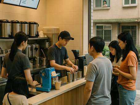 這張圖片展現台灣都會區內一間典型的定點茶店內部景象。明亮的店內空間,有員工正忙碌製作飲品,幾位顧客正在點餐或等待取餐。透過落地窗戶,可以清楚看到茶店與住宅區僅隔一道牆,住家與店家空間緊密相鄰。畫面中呈現茶店日常繁忙景象,顧客與店員互動熱絡,背後則是台灣常見的公寓住宅。這種店家與住家緊密共存的環境,反映出台灣都市生活中,商業與居家難以切割的現實,也暗示了未來可能產生的鄰里糾紛與相處挑戰。