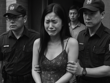 畫面呈現一名女性被警方誤抓時的場景，她淚流滿面、神情崩潰，身旁的警員神色嚴峻，背景中有旁觀者與攝影鏡頭。整體構圖強調「權力與羞恥的交錯」，呈現社會如何以制度化的目光審視女性。這張照片象徵誤抓定點茶工作者事件中「第一層傷害」的發生——法律機構的錯誤判斷與社會秩序的失衡。女性的身體被迫暴露於公眾視線之下，成為輿論場中的脆弱符號，預示媒體將帶來的「二次傷害」。