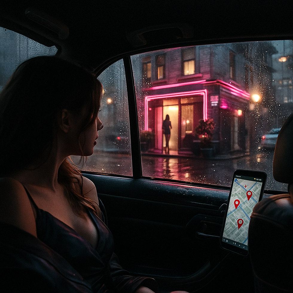 在雨夜的計程車後座,一名定點茶工作者側身望向窗外。霓虹燈映照在雨水斑駁的車窗上,外頭是一處帶著粉色燈條的建築入口。她的視線沉重而遙遠,而車內螢幕上的地圖則顯示多個紅點,彷彿正在逼近她的生活邊界。這幅畫面象徵定點茶工作者在「被地圖曝光」後的逃避與恐懼。雨夜象徵不確定;窗外的霓虹燈形成壓迫性的凝視,暗示社會對女性與定點茶工作者的道德監控。車內的地圖紅點則象徵她的每一步皆被追蹤、被評價、被散播。整體氛圍呈現性別暴力的陰影如何隨著科技滲入生活最私密的縫隙。