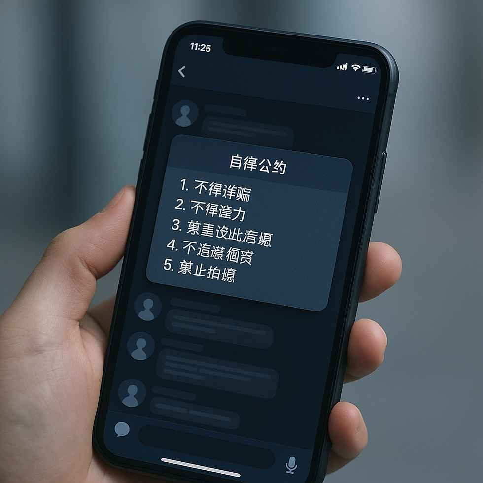 畫面顯示一隻手正持著智慧型手機,手機螢幕上為一個匿名通訊群組的聊天室,公告板塊以白字顯示「自律公約」及數條群組規範,包括不得詐騙、不得達力、禁止拍攝等。整體色調冷靜,強調匿名社群內對安全與規範的追求。在援交圈這類匿名社群中,成員常面臨安全與信任問題,因此自律公約成為圈內自我管理的重要手段。儘管規範明確,但在缺乏公權力支持的情況下,這些公約多半只是提供參考與道德指引,違規者往往難以真正受罰。這張圖片即刻畫出成員每天互動時,時時提醒彼此必須遵守自律公約,以維護彼此的基本信任與相對安全。
