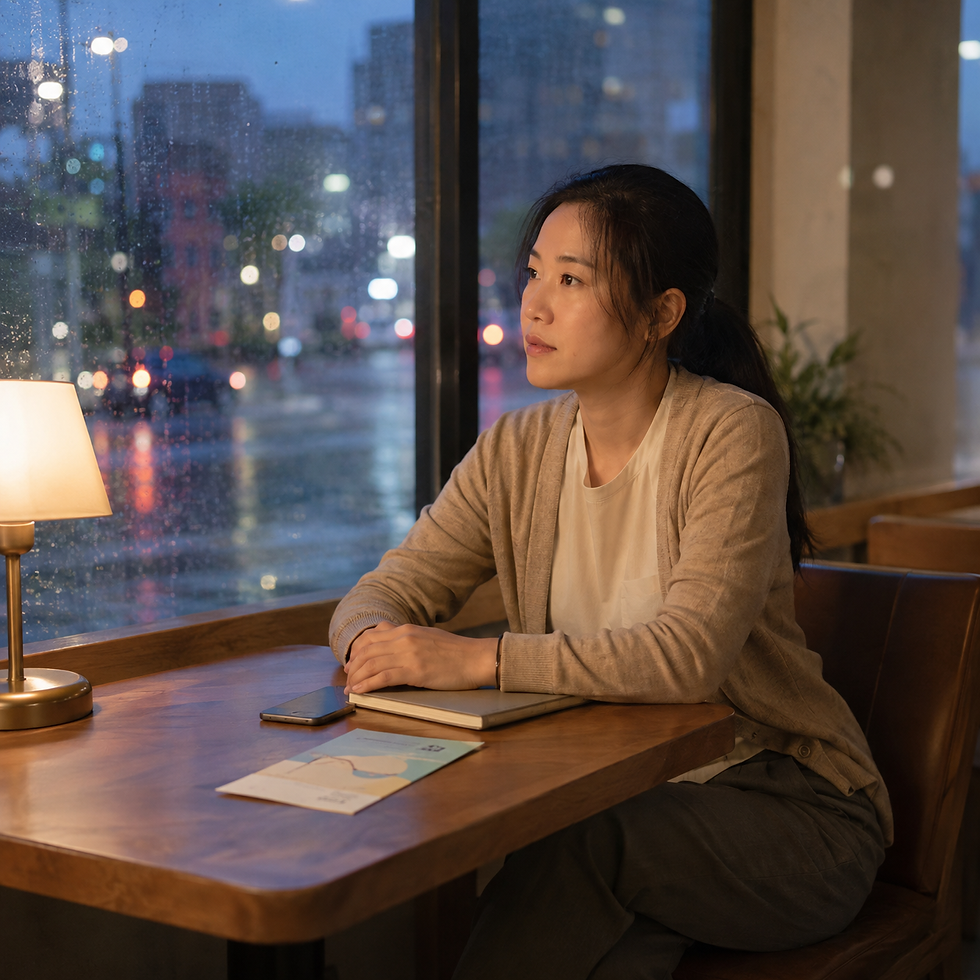 畫面以一名坐在咖啡館窗邊的成年女性為主角,雨夜與城市燈光象徵不確定感,桌上的筆記本與資訊手冊代表重新規劃與尋求支持的可能。這張寫實圖片呼應外送茶工作者可能面臨的經濟不穩、身分隱私、心理壓力與未來職涯選擇。畫面不以獵奇或情色方式呈現,而是強調人在壓力下仍值得被理解、被尊重,並有機會獲得安全與支持。