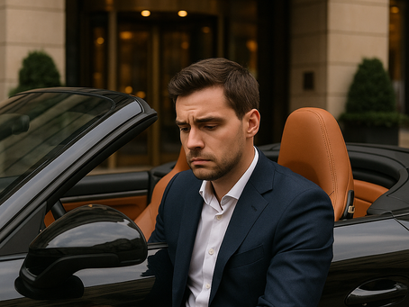 一名男子坐在高級跑車內,背景是五星級酒店門口。他身著名牌西裝,手戴金錶,但神情焦慮,展現外在繁華與內心空虛的反差。此圖象徵男性以「假象財富」掩飾現實拮据,揭露出包養圈中虛實落差的社會矛盾。