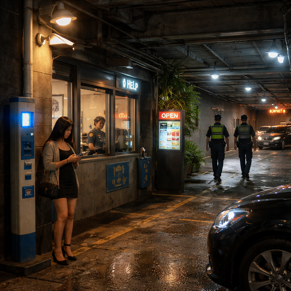 此圖以「半封閉巷道／停車場動線」為場景核心，呈現夜間高風險空間如何透過城市設計被轉化為可求助、可撤離的安全節點：天花板照明均勻覆蓋走道、牆邊設置緊急求助設備，並有明亮的店面窗口形成可進入的亮區據點；遠處可見巡邏人員提高可被看見的監督感。整體傳達在不揭露身分、不增加壓力的前提下，讓外送茶工作者於等待、確認位置或短暫停留時，仍能擁有明確的求助路徑與安全退路。在潮濕的夜裡，這條原本容易形成暗角的巷道因為照明與亮區店面而變得清晰可視；牆邊的求助點像一個「隨手可觸及」的保險裝置，提醒人一旦遭遇尾隨、騷擾或偷拍威脅，能立刻轉向求助與撤離。巡邏的身影雖在遠處，卻提供了心理上的安全感與環境上的嚇阻效果。對外送茶而言，這不是抽象的治安口號，而是一種可被使用的城市減害支持：把風險最容易發生的轉角、停車邊界與等待點，改造成「可停留但不脆弱」的公共空間。