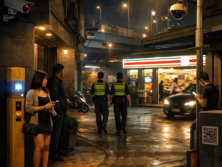 畫面呈現深夜街區的高可視性安全設計:路燈照明覆蓋主要動線、路口與建物外牆設有監視設備,街面可見巡邏人員行經;同時配置可被辨識的求助設施(如緊急求助柱/通報點)與便利商店等亮區據點,形成「可快速靠近、可被看見、可即時求助」的安全網。這類城市設計能在不需要揭露身分的前提下,降低夜間騷擾與尾隨風險,提供外送茶工作者更具現實可用性的減害支持。雨後的夜色讓地面反光更強,街燈把巷口與轉角照得清楚,暗角被壓縮到最小;巡邏人員的存在讓空間出現「被看見」的訊號,而緊急求助點與明亮商家則像一個隨時可進入的安全島。對外送茶而言,這種環境意味著在等待、確認地址、短暫停留的脆弱時間點,也能保持退路與求助路徑:一旦遭遇騷擾、偷拍或尾隨,可直接靠近求助點或亮區據點,提高自我保護與通報的可行性。這張圖用具體場景把「照明+巡邏+求助點」如何轉化為外送茶的城市減害支持系統,清楚視覺化出來。