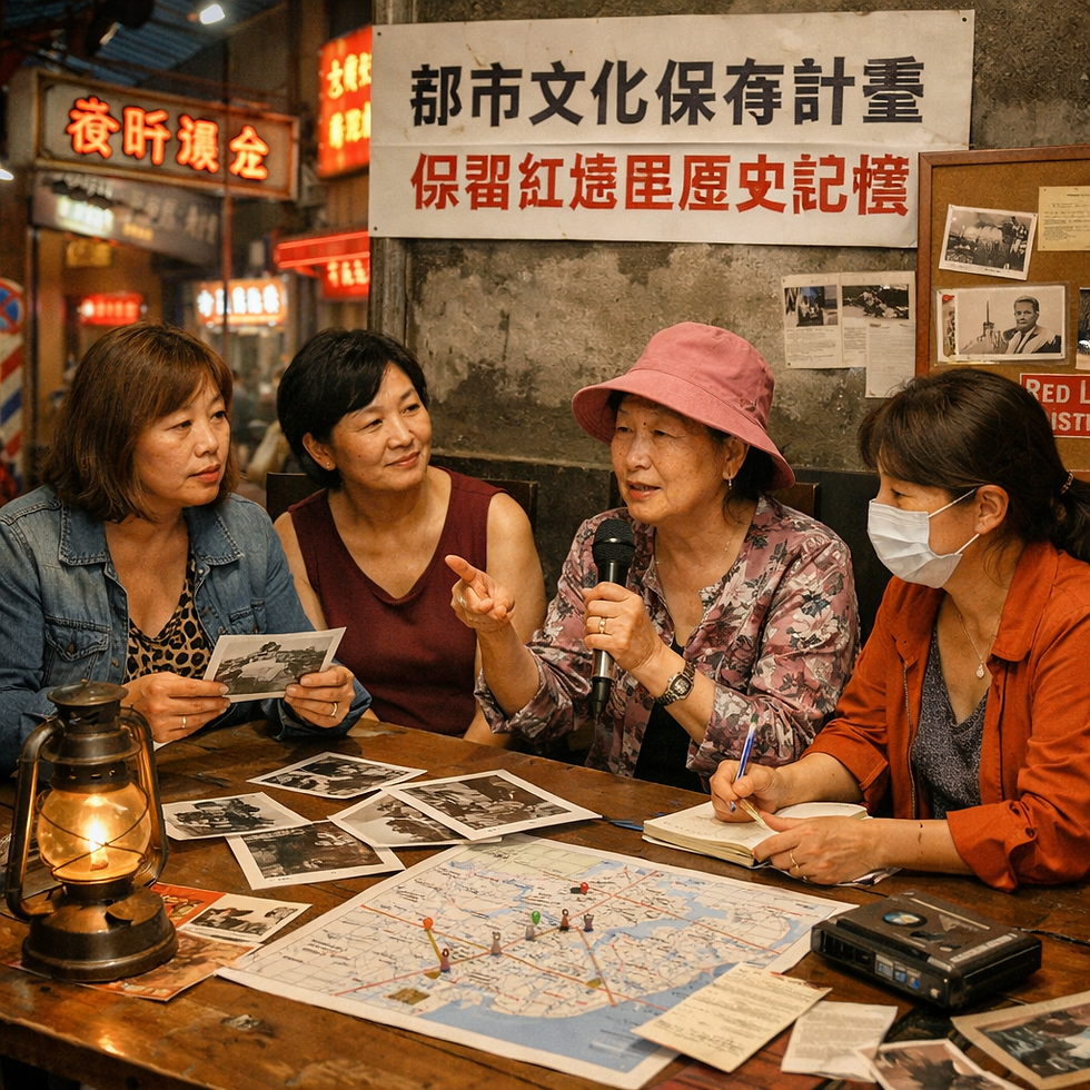 畫面呈現四位定點茶工作者在室內進行保存計畫的討論與整理工作:桌面鋪滿老照片、地圖與筆記,牆上張貼「都市文化保存計畫/保留紅燈區歷史記憶」標語,背景可見霓虹燈與街區氛圍,象徵這場討論直接連結到街區的日常與歷史。整體以寫實、紀實攝影風格呈現「記憶採集」與「公共敘事形成」的過程。這張圖把「保存」拍成一個正在發生的行動,而不是完成後的展覽成果。老照片與地圖在桌面上攤開,意味著歷史不是被鎖進檔案館,而是被重新指認、重新命名、重新放回城市坐標。女性手持麥克風的姿態強調了發言權與見證權:保存不是誰來替誰說,而是如何讓當事人的語言進入公共空間、成為可被討論的城市記憶。霓虹燈光從背景滲入,像提醒:街區不是遠去的過去,而是仍在運作的生活現場;保存工作因此同時也是一場文化政治的協商。