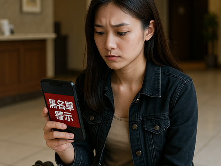 女子在旅館大廳外查看手機,螢幕上顯示「黑名單警示」,旁邊放著小包包,象徵她隨時準備撤離。此畫面展現外送茶女在高風險環境中,透過科技資訊與同業經驗來降低危險,形成一種未雨綢繆的自保姿態。