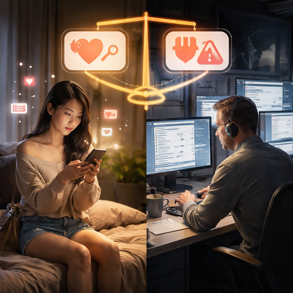 畫面呈現一名年輕女性在室內使用手機瀏覽網路，而另一側是一名平台內容審查員在多螢幕電腦前檢視網路資訊。畫面中央以象徵性的天秤圖像呈現「自由討論」與「風險監管」之間的平衡，暗示數位平台在面對包含援交議題的敏感內容時，需同時考量資訊自由、公共安全與剝削風險的複雜關係。這張寫實風格的影像描繪了當代網路治理的典型場景。一位使用者在個人空間中透過手機接觸網路資訊，而在另一端，平台審查人員正透過電腦系統監控與評估可能被標記為高風險的內容。中央的光影天秤象徵著平台政策需要在多種價值之間做出權衡，包括言論自由、社會安全與防止剝削。當涉及援交相關討論時，平台的審查機制往往面臨難以判斷語境的挑戰：一方面需要防止犯罪與未成年風險，另一方面也必須避免過度刪除研究、新聞或安全教育內容。整體畫面透過對比的構圖，呈現出數位平台在處理援交議題時所面臨的制度張力與治理難題。