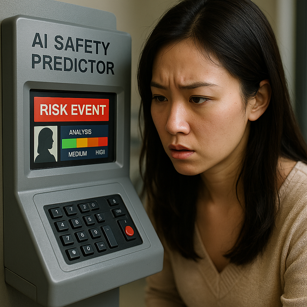 畫面呈現一名東亞年輕女性,在定點茶站內部環境中,神情緊張地注視一台「AI SAFETY PREDICTOR(AI 安全預測儀)」。儀器螢幕正亮起醒目的紅字「RISK EVENT」,並顯示一個未知女性的影像與風險分析條。畫面凸顯當 AI 誤判女性行為時,對她們造成的直接心理壓力與不確定性。這張圖片象徵性呈現 AI 在性產業現場中所帶來的「技術治理壓力」。儀器的紅色警示畫面不僅強化了危險的氛圍,也讓女性從業者面臨被貼上「高風險」標籤的恐懼。她緊皺的眉頭透露出疑惑與焦慮,意味著 AI 的判定對工作、收入與安全皆可能造成實質影響。此圖突顯 AI 與人性理解之間的落差,呈現出「技術誤判」如何在現場造成壓迫性後果。