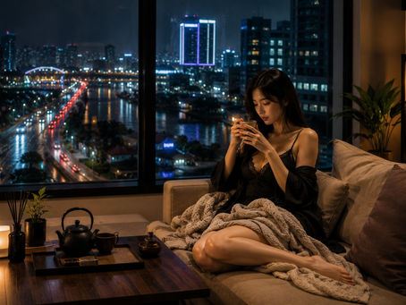 雨夜城市窗景、室內茶席與車流光影呈現北部外送茶夜歸回程生活圈的放鬆氛圍