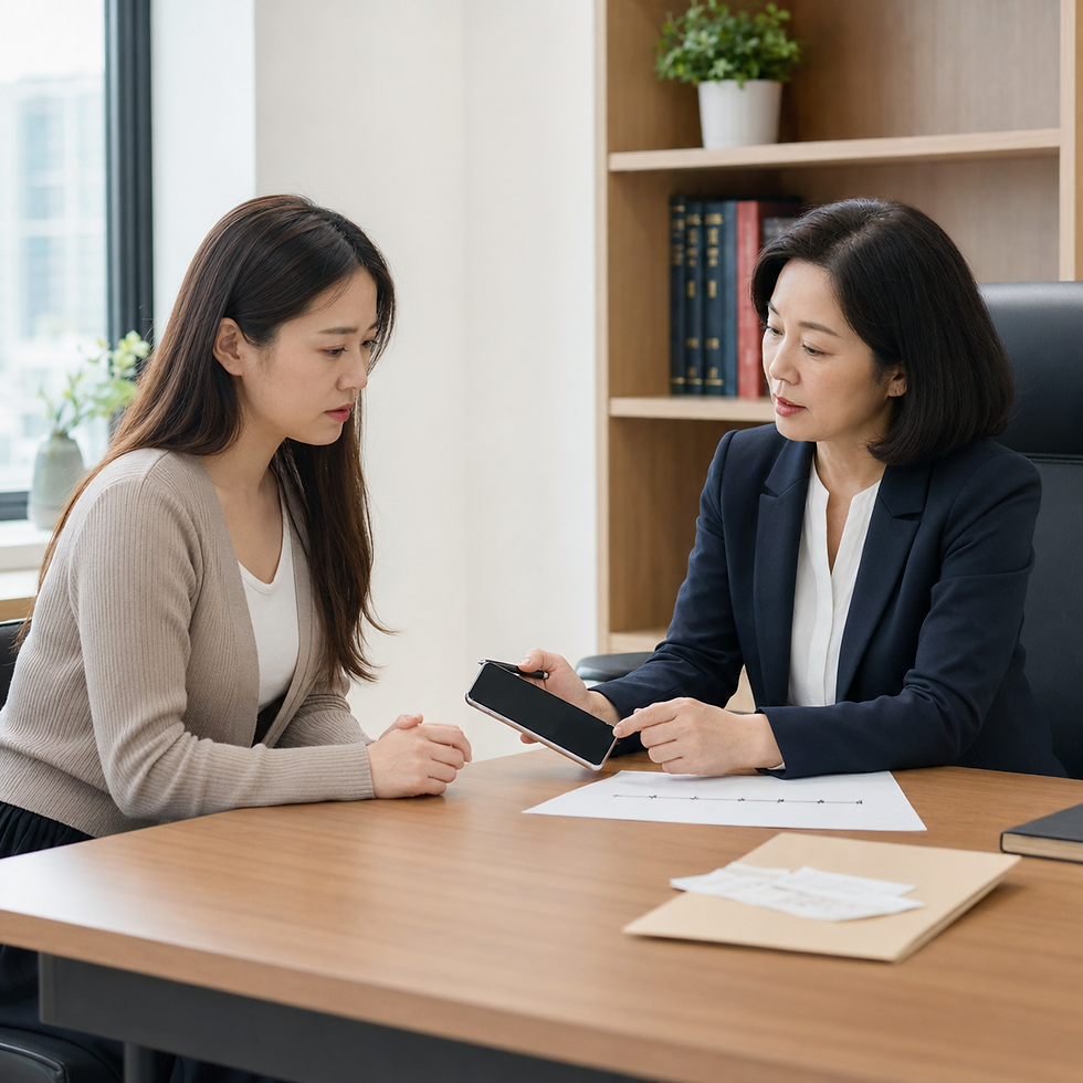 外送茶交易發生爭議後,一名成年女性在日間法律諮詢室與律師檢視手機、付款憑證及事件時間軸。以寫實紀實攝影呈現外送茶糾紛當事人在專業空間整理資料,強調理性、隱私與法律救濟。