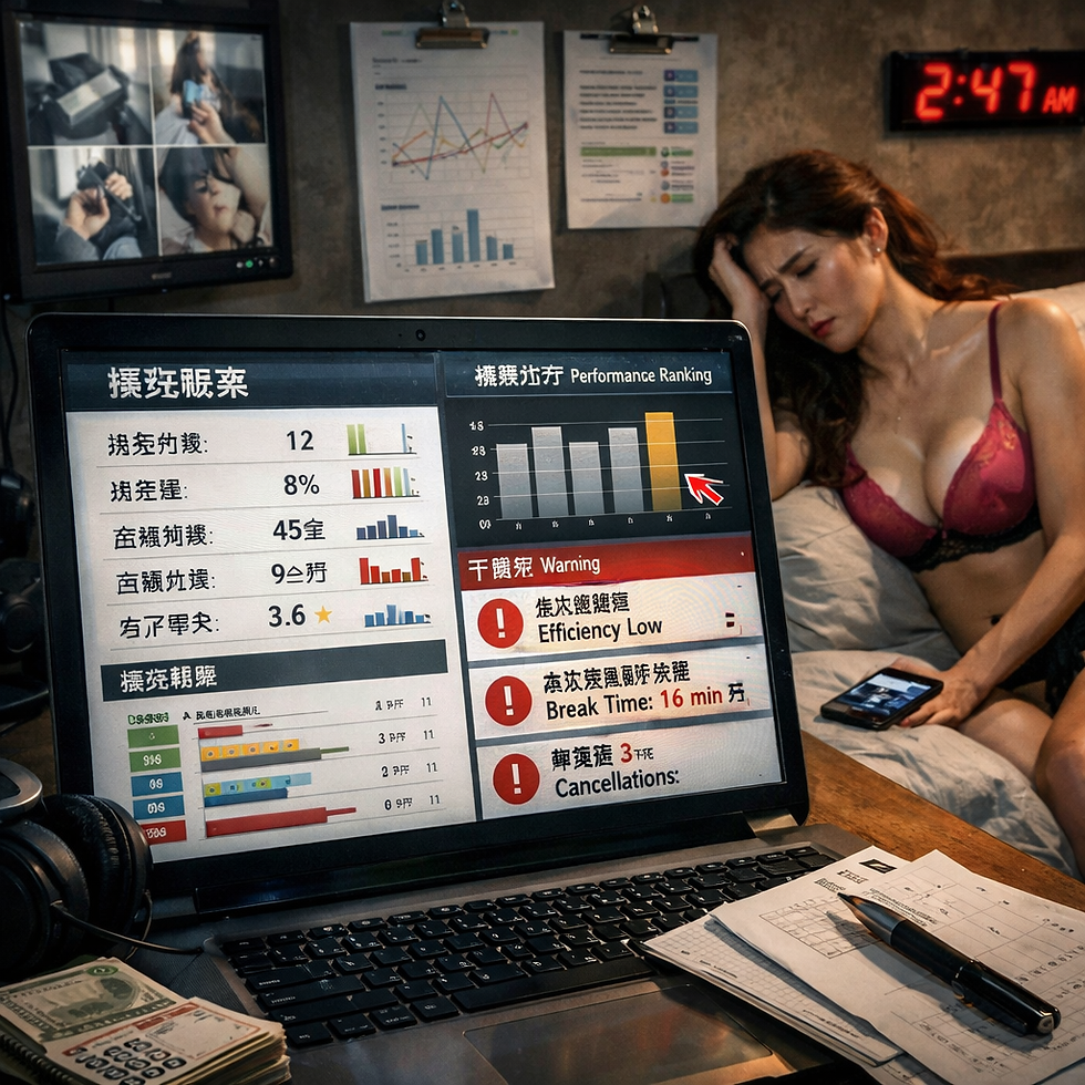昏暗房間內,筆電螢幕顯示密密麻麻的績效指標與排名圖表,包含「效率偏低」「休息時間過短」「取消次數」等警示。牆面張貼的報表與監控畫面強化了「被監看」的氛圍;數位時鐘顯示凌晨時段,暗示長工時與待命文化。定點茶站女性靠在床邊疲憊入睡,手機仍放在手邊,象徵休息被工作訊息隨時打斷。這張圖把「數據化績效報表」具象化成一種無形工頭:透過指標、警示與排名,將人的身體節奏改寫為可被追趕的數字。凌晨仍被迫在線、休息被量化成「不足」而遭警告,呈現出勞動監控如何侵入私人空間,使休息不再是權利,而成為會被扣分、會影響派案的高成本行為。