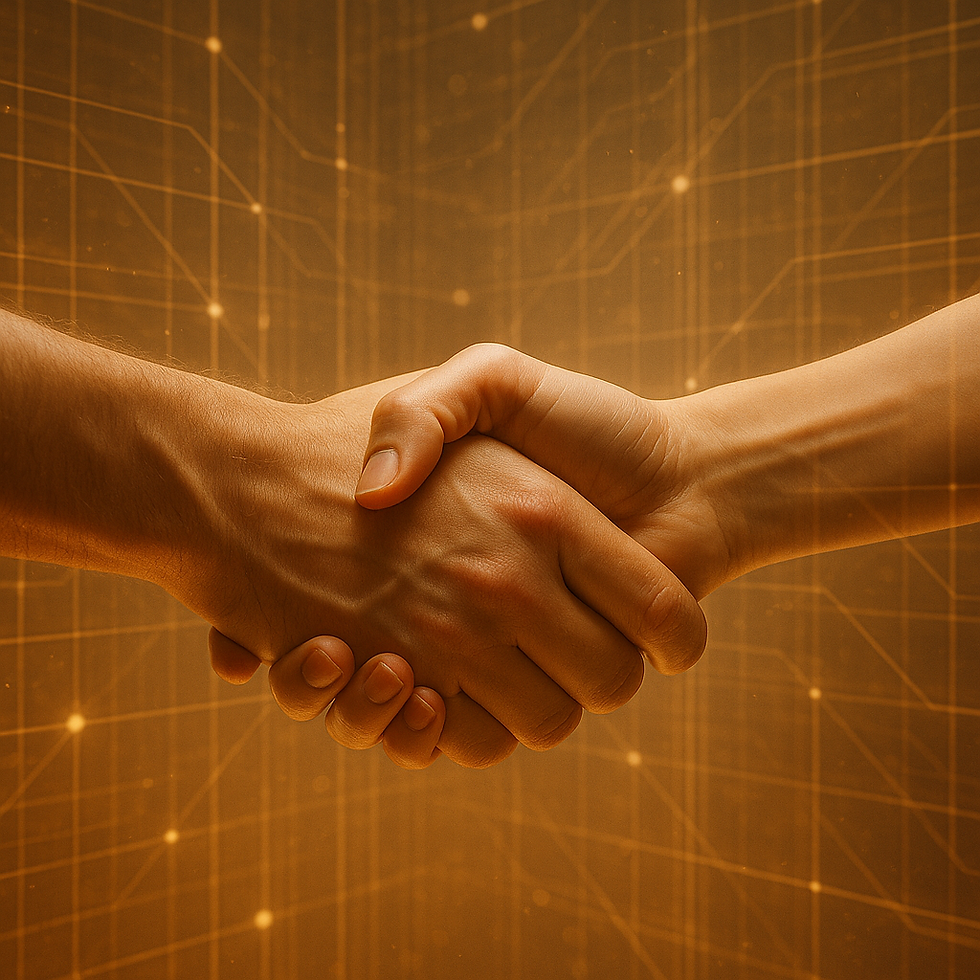 兩隻手在發光的數據網絡前相握,背景呈現金色線條與節點構成的資料流格線,象徵溫暖的合作氛圍。此圖表徵研究者與外送茶工作者在數據治理中以平等與互信為基礎,共同形塑兼顧隱私與正義的科技倫理框架。