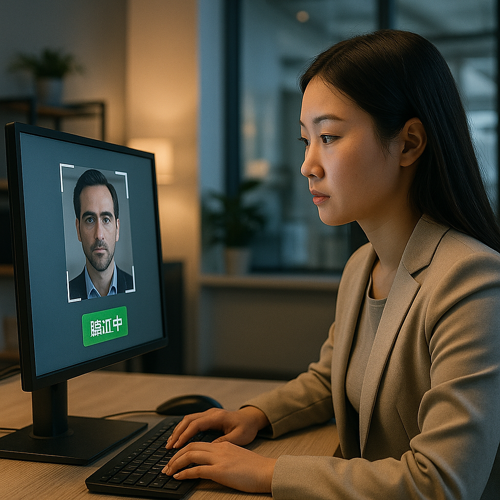一位年輕女性透過電腦進行臉部辨識驗證,螢幕顯示「驗證中」的提示。此圖反映現代包養平台嘗試以數位化與AI技術保障會員身份真偽,但也顯示了實務上必須面對的技術、隱私與法律挑戰。