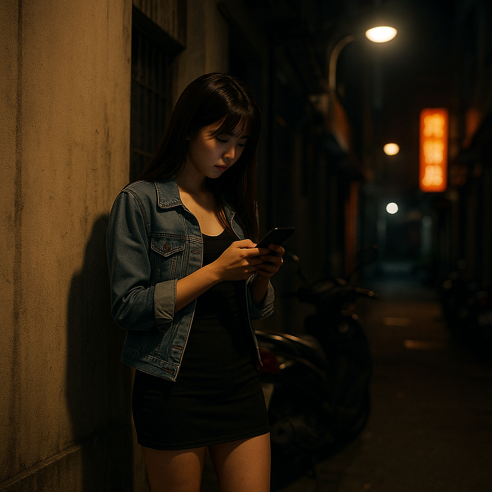 一位年輕女性穿著便服站在台灣都市昏暗小巷的牆邊,正低頭滑手機,背景有微弱路燈和霓虹燈招牌,機車停靠於牆角,整體氛圍孤寂而低調。這張圖片反映出台灣外送茶交易現況的隱晦與隱蔽。由於政策規範與社會觀感的壓力,許多從業者只能在都市夜晚的角落等待客人,成為城市中無聲的存在。街頭的昏黃燈光、無人問津的小巷與女性低頭的身影,共同構築出台灣性產業「被看不見」的處境,象徵統計資料缺乏與政策盲點之間的惡性循環。