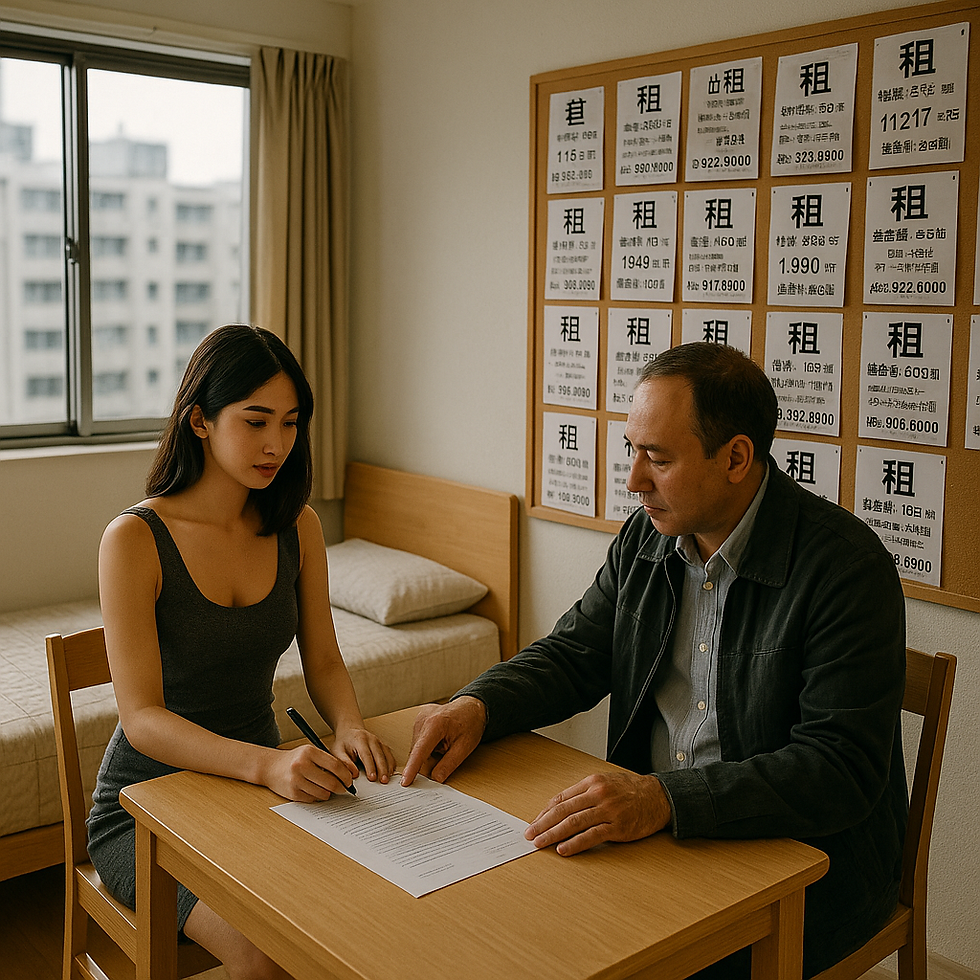 畫面呈現一間現代簡約風格的出租套房內,房東正與一位年輕女子面對面簽約,背景牆上貼滿租屋廣告,場景透露著明顯的商業租賃氣息。這幅圖象徵出租套房市場在需求增加下,房東與租客進行合約談判的情景。年輕女子與房東的互動,反映定點茶交易產業對套房需求的現實,而牆上林立的租屋廣告,則暗示著市場競爭激烈。這不僅僅是一場單純的租賃協議,更是城市空間多重角色與社會議題的交錯。