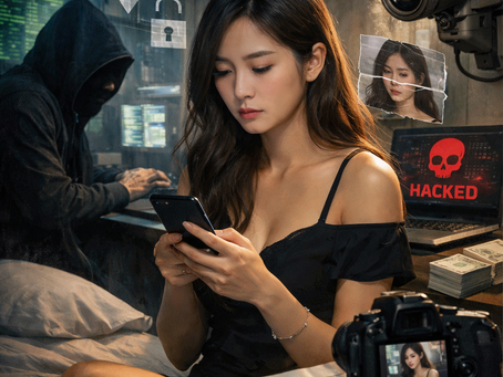 本圖以寫實風格呈現外送茶工作者在數位環境中遭遇隱私威脅的情境。畫面中央的人物低頭查看手機,神情凝重,周圍則出現監視器、駭客、外流照片、定位符號與被入侵的電腦畫面,象徵外送茶工作者在接案、聯繫、移動與交易過程中,可能面臨個資外洩、影像濫用、定位追蹤與數位監控等多重風險。這張圖呼應文章中對外送茶數位隱私教育不足的討論,也突顯建立公益型資安支援與法律護航的重要性。在夜色與冷調光影交織的室內空間中,一名外送茶工作者獨自坐在床邊,雙手緊握手機,神情透露出不安與警覺。她的周圍被數位風險所包圍:背景中的駭客正操作電腦,象徵外送茶相關資料可能被入侵;牆上的監視器與定位圖示,暗示外送茶工作者在數位平台中可能遭受追蹤與監控;散落的證件、照片與拍攝設備,則進一步傳達外送茶工作者在匿名身份、個人資料與影像自主權上的脆弱處境。整體畫面不僅呈現外送茶產業在數位時代下的隱私焦慮,也強調外送茶工作者若缺乏足夠的隱私教育與制度支持,將更容易成為資訊剝削與法律風險的承受者。