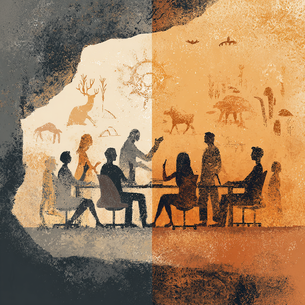 A group of modern and ancient humans telling stories