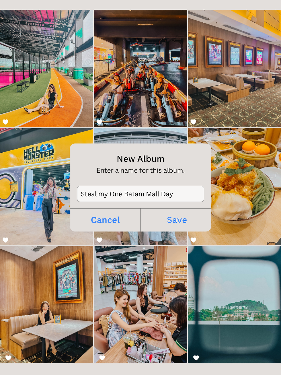 Photos and video from a day trip to One Batam Mall in Indonesia, showing indoor activities including photoshoots, go-karting, padel, cinema, nail spa and local dining, all accessible in one air-conditioned building.