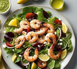 Grilled shrimp over a mixed green salad with a lemon-olive oil dressing